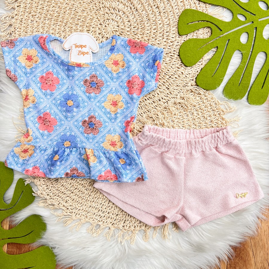 Conj. Blusa Flores Tipo Crochê e Short em Linho - Azul e Rosa